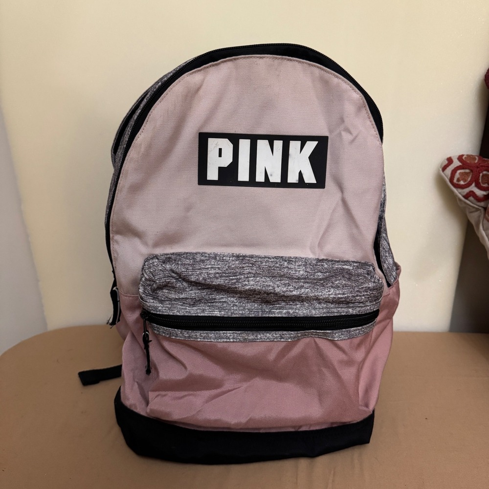 PINK Victoria's Secret Backpack Rose Gold Grey Black Logo School Bag‎